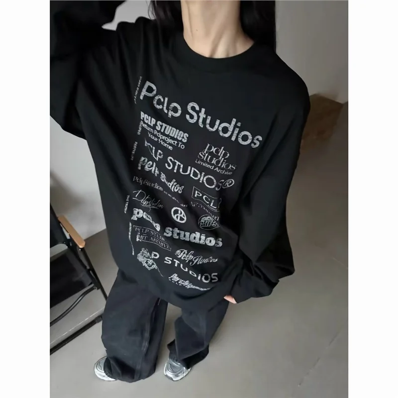 

Retro Pure Cotton Long Sve T-irt Women's American Letter Print fiti Loose Spring Autumn Versatile Top Trendy