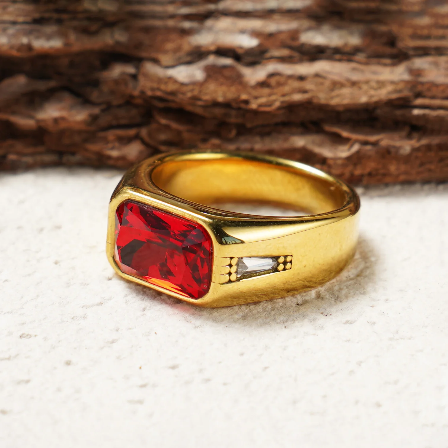 Vintage 18K Vergoldeter Siegelring, 316L Edelstahl, Farbiger Zirkon Statement-Ring für Männer/Frauen, Retro Edelstein-Band – Detail 6