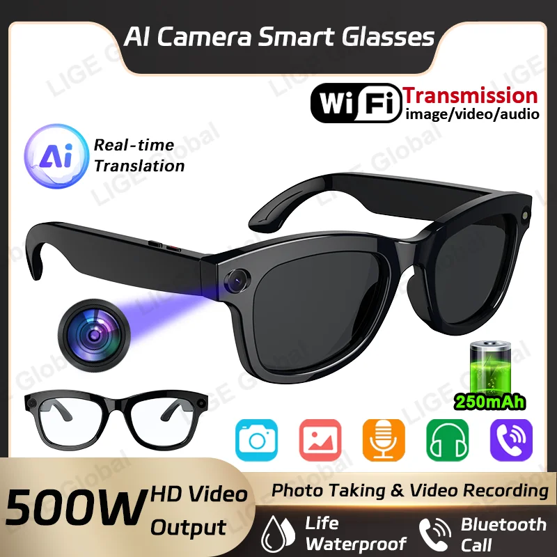 

LIGE 500 Вт HD AI камера умные очки видеозапись Bluetooth вызов аккумулятор 250 мАч голосовой помощник контроль переход солнцезащитные очки новый