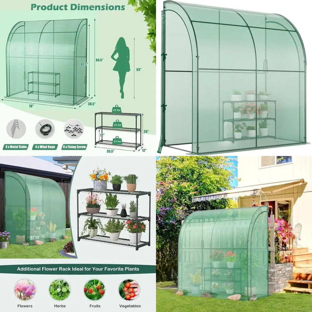 

Three-Tier Lean-to Greenhouse with Roll-up Zipper Door for Outdoor Garden and Balcony Use