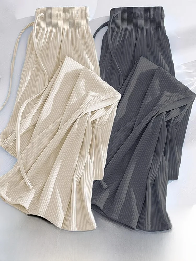 

Ice Silk Wide Leg Pants Women's Summer Thin High Waist Loose Drape Qui Dry Casual Mosquito Proof Trousers Two-Piece Set