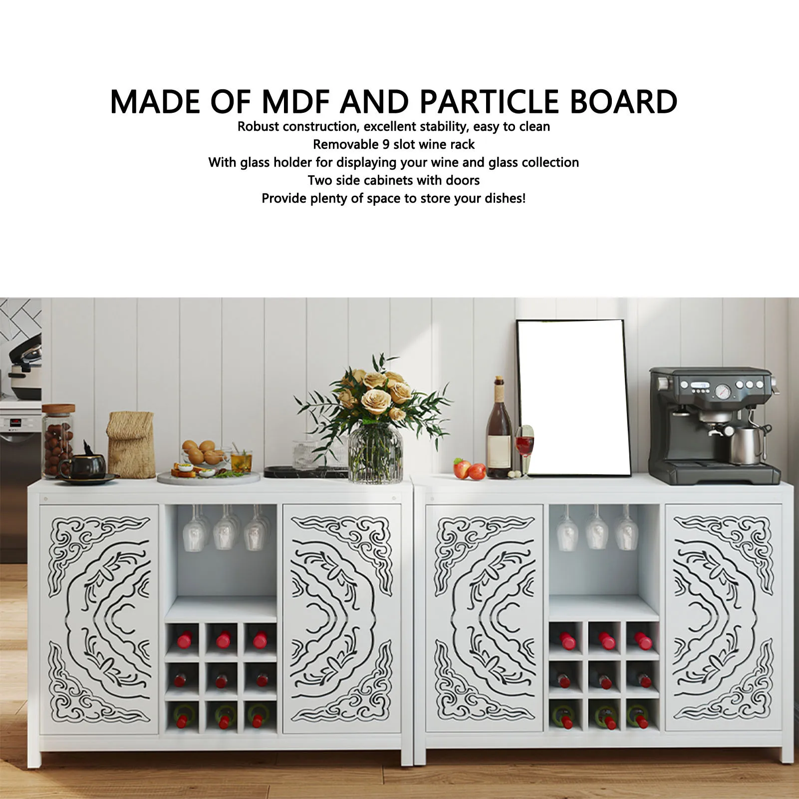Gabinete para Bar de vino, expositor de vino ajustable, doble puerta, almacenamiento de Buffet, gabinete para licores, suministros para Bar comedor y sala de estar, 120x39x87cm
