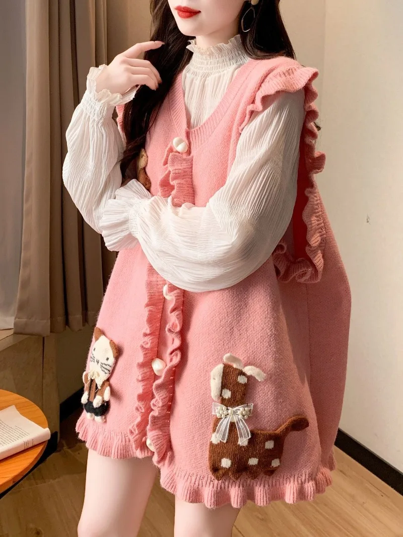 Oversize Spring Autumn New Sweet Aging Knitted Vest Women Pink Knitted Cardigan Mushroom Edge Sweaters Tank Top Kawaii Clothes