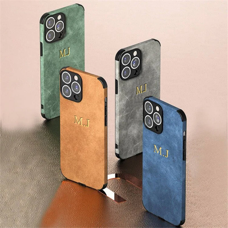 Luxury Soft Lambskin Leather Case For iPhone 16 15 14 13 12 11 Pro Max Personalised Customized Initial Letter Shockproof Cover