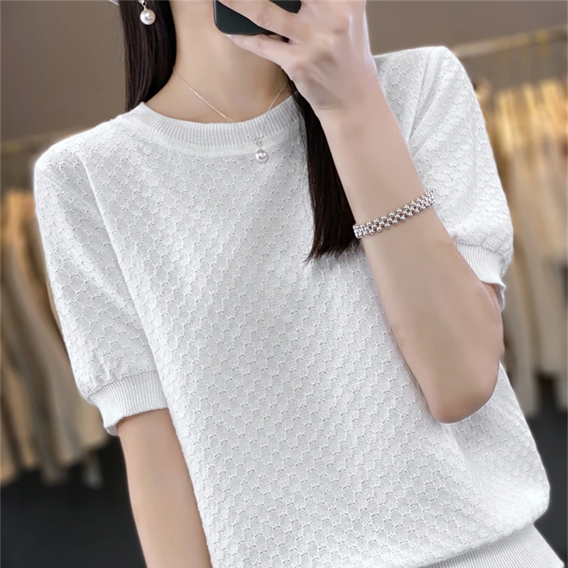 

Women's T-shirt Knitted Short sleeved Summer New Breathable Soft Comfortable Round Neck Top Solid ColorT-shirt Loose HalfSleeves