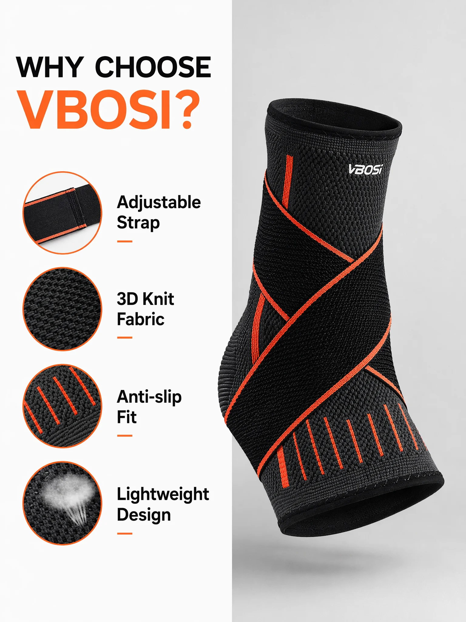 VBOSI Ankle Brace Compression Support Sleeve with Adjustable Strap for Men Women, Breathable Knitted Ankle Support for Sprain, S