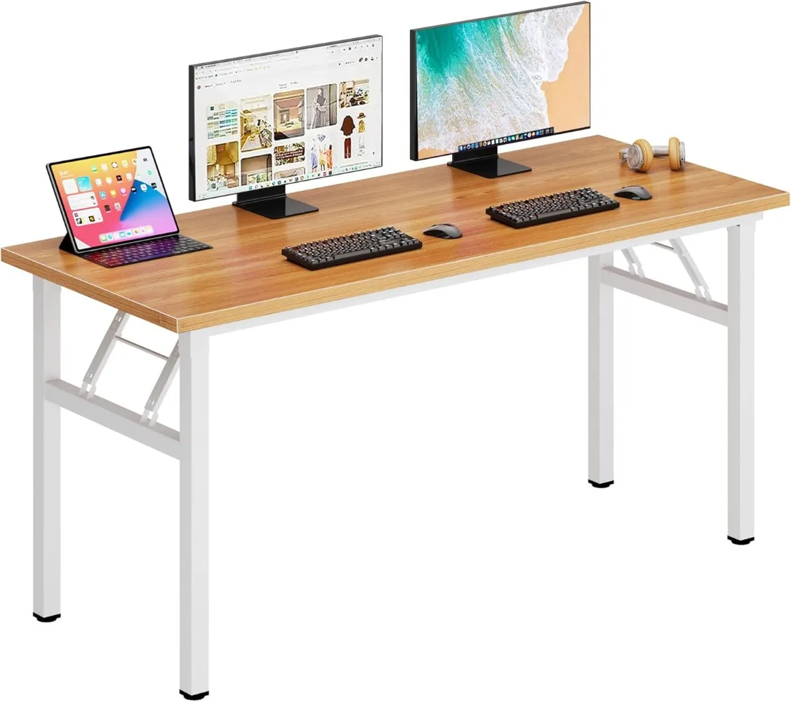 

DlandHome 62 Inches Office Desk Computer Table Study Writing Desk Workstation for Home Office Metal Frame Teak and White