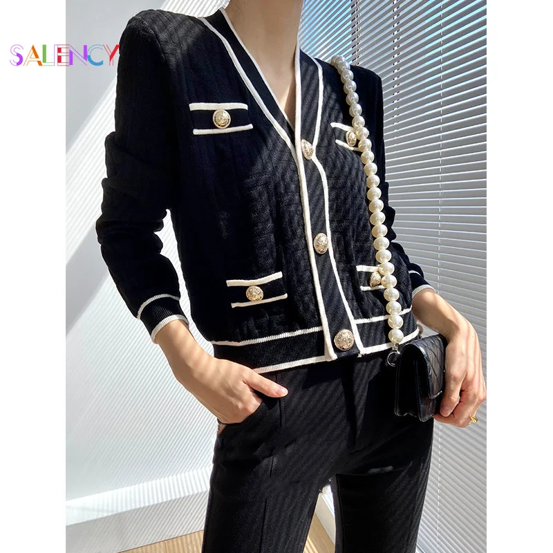 Special Jacquard Craft Knit Cardigan Jacket Women\'s Autumn College Style Short Sweater Black V-neck Outer Long Sleeve Top