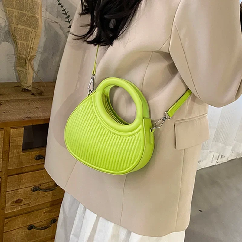 Half Moon Small Shoulder Bag For Women 2024Spring New Green Purple Handbags Pleated Design PU Leather Crossbody Round Hand Bag