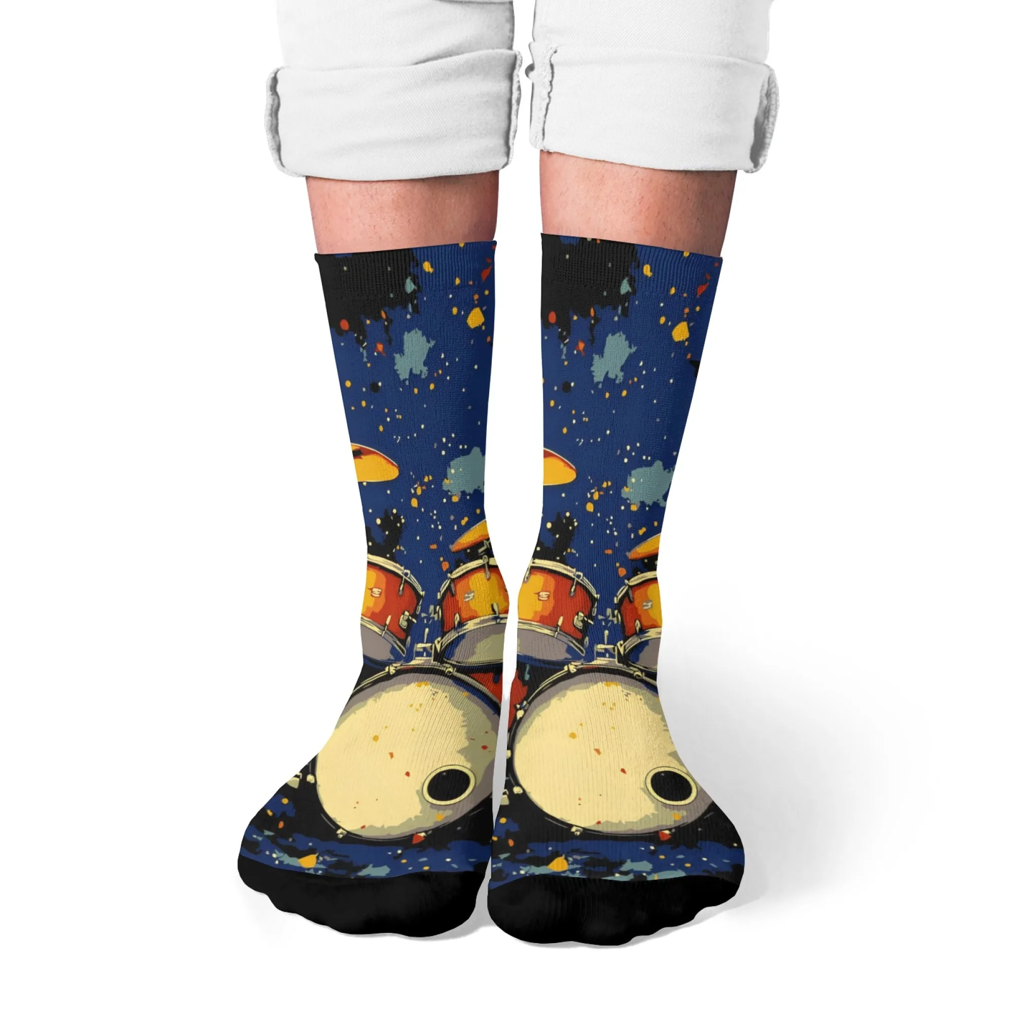 Lustige Socken für Musikliebhaber, Trommelmuster, Herren-Crew-Socken, dehnbar, lässig und Leistung für Schlagzeuger, Konzerte, Neuheitsgeschenk, Funky-Socken