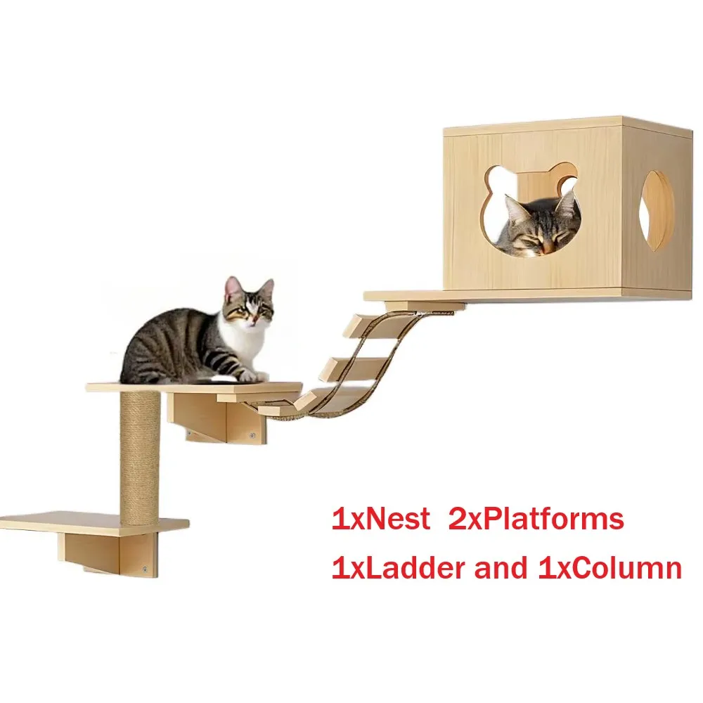 Katzen-Klettergerüst Holz-Wandregale mit Brücke und Leiter Katzenmöbel Kletterbaum Kätzchen-Aktivitätsbereich Katzenbett Sisal-Säule