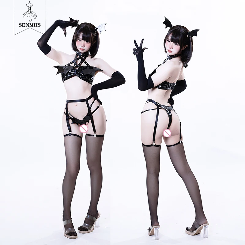 

SENMHS Sexy Five-pointed star Lingerie Little Demon Bat Cosplay Costume PU Leather Bikini Girl Halloween Party Seductive Attire