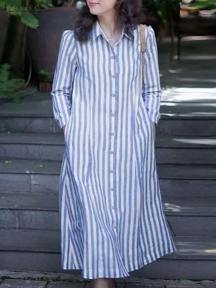 ZANZEA 2026 فستان مخطط للخريف والربيع موضة النساء التلبيب الرقبة طويلة الأكمام مكتب فستان الشمس أزرار أسفل Vestidos ميدي رداء