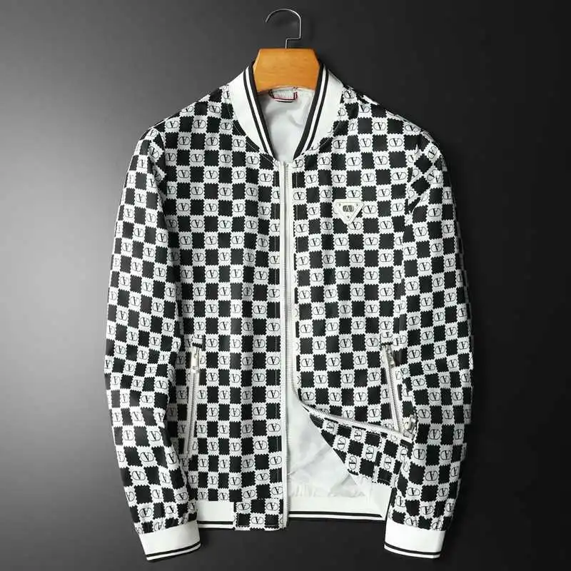 Men's spring and autumn casual jacket, men's jacket, black and white checkered baseball collar