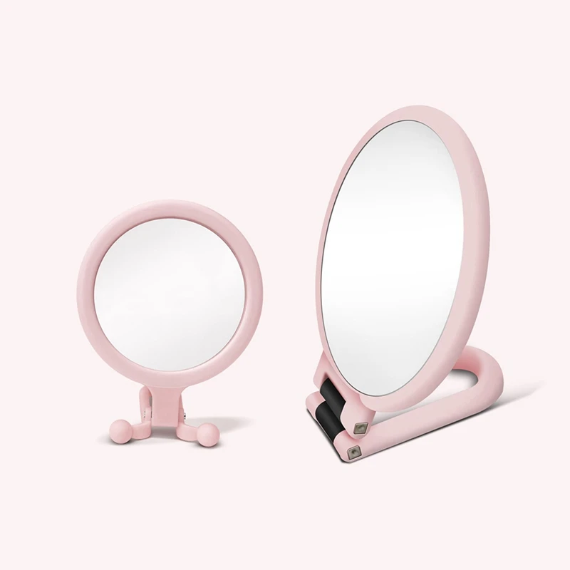 10X Handheld Magnifier, Double Sided Folding Makeup Mirror, Portable Handheld Mirror With Adjustable Handle(Pink)