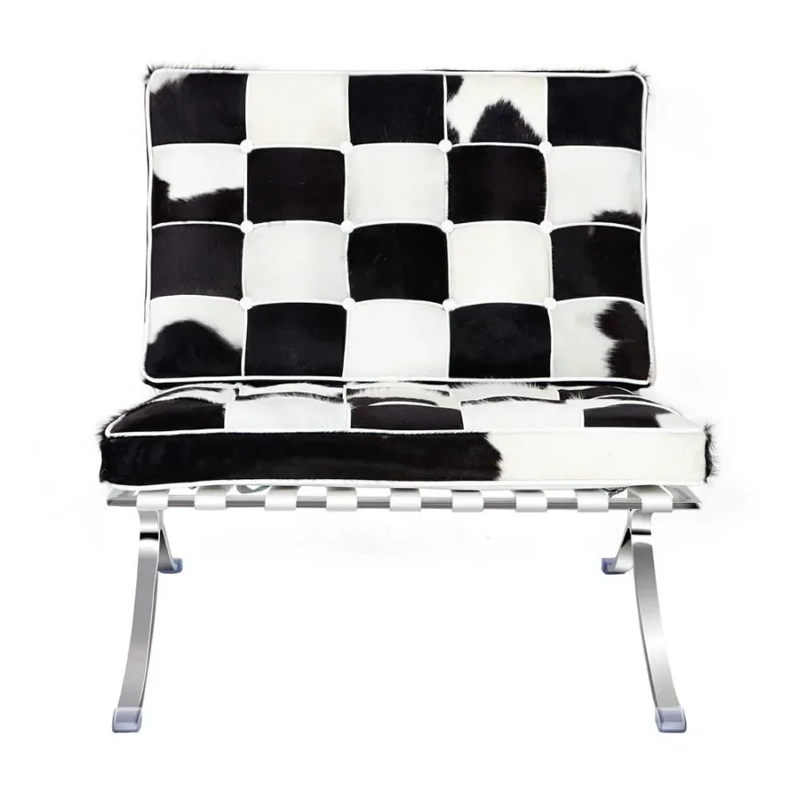 Mid-century Horse Fur Leather Lounge Chair Club Seat Chair Foldable high-end accent Chair ottoman