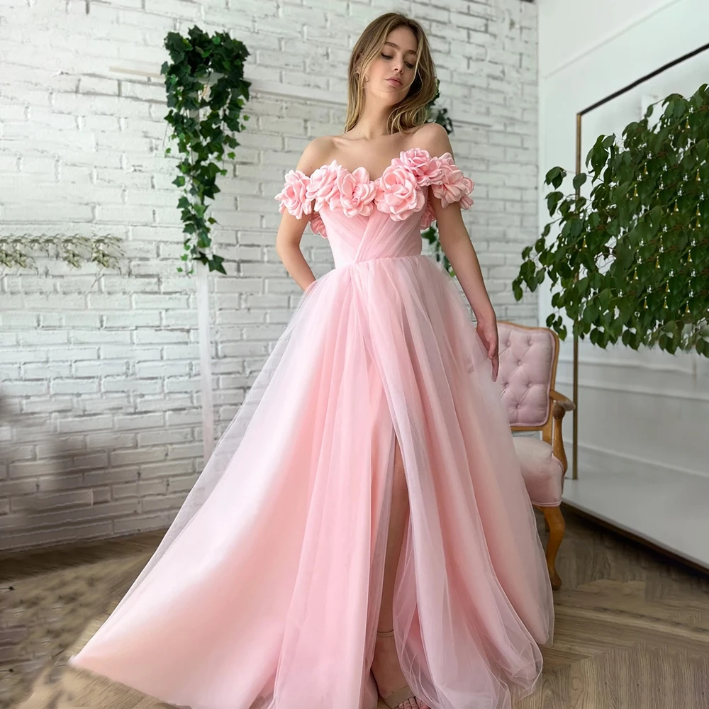 Pink 3D Flower A-line Prom Gown Wedding Dress Off The Shoulder High Slit Bridal Robe for Bride To Be Wed Party Evening Dress