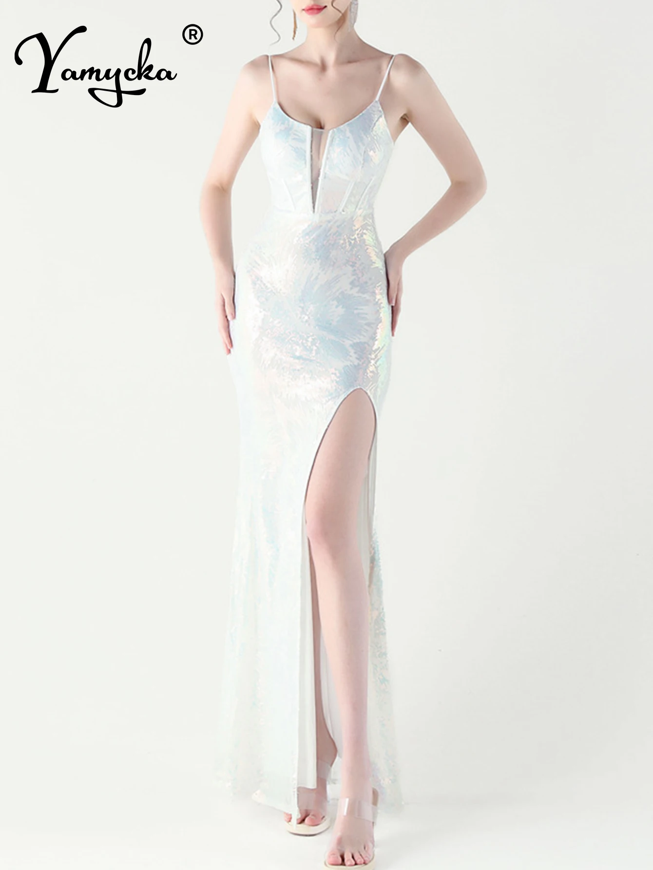 セクシーな背中見せスパンコールマキシ丈スリップサマードレス レディース エレガントな誕生日パーティー ロングドレス 女性用ラグジュアリープロムイブニングドレス