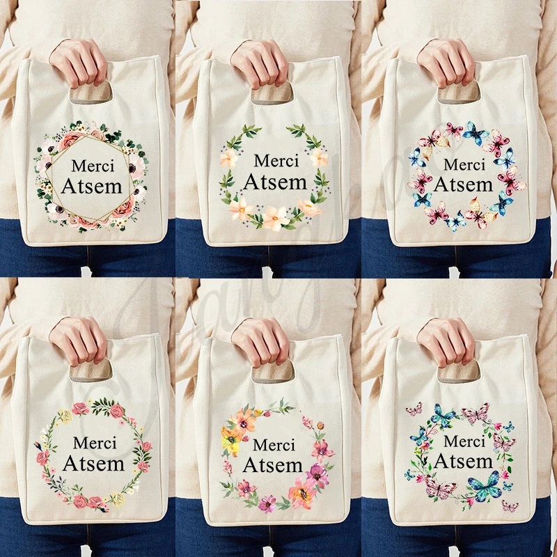 

Сумки-холодильники с принтом Merci Atsem, сумка для обеда, портативная изолированная сумка-бенто, термосумки для хранения еды для пикника, подарок на учитель