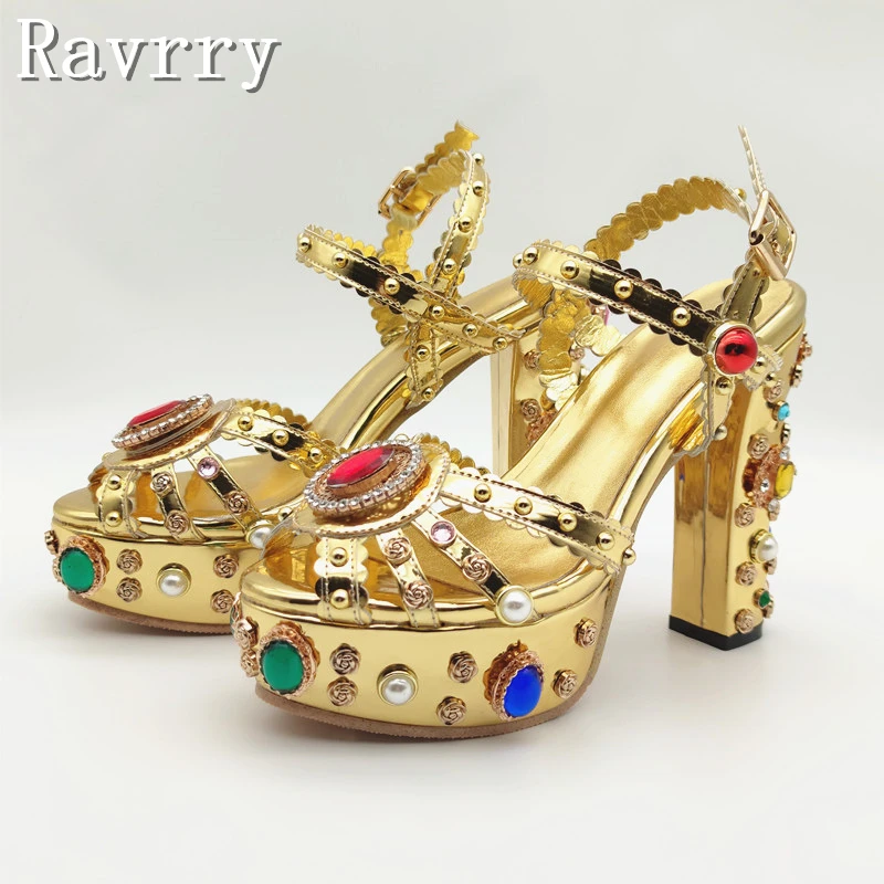 Luxury Colorful Diamonds Platform Sandals Golden Handmade Beaded 14Cm High Heel Open Toe Thick Heel Women Party Shoes