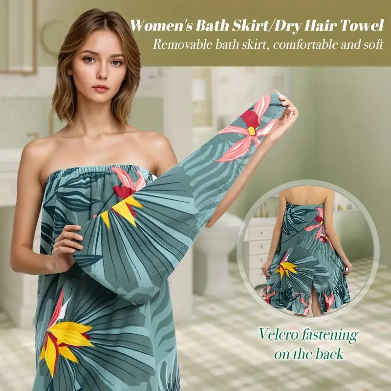 Women'S Tropical Floral Microfiber Bath Skirt and Hair Towel Set Quick-Dry Soft Spa Wrap Vibrant Flower Design Absorbent