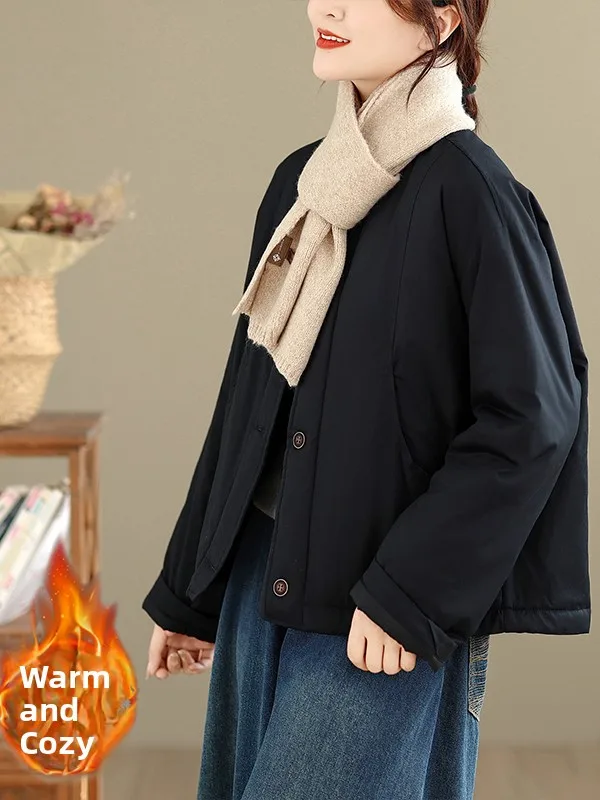 Thiened Cotton Jaet Damen Retro DString runder Ne Wintermantel Warme Baumwolle Gefütterte Weste Langer Sve-Mantel aus reiner Baumwolle
