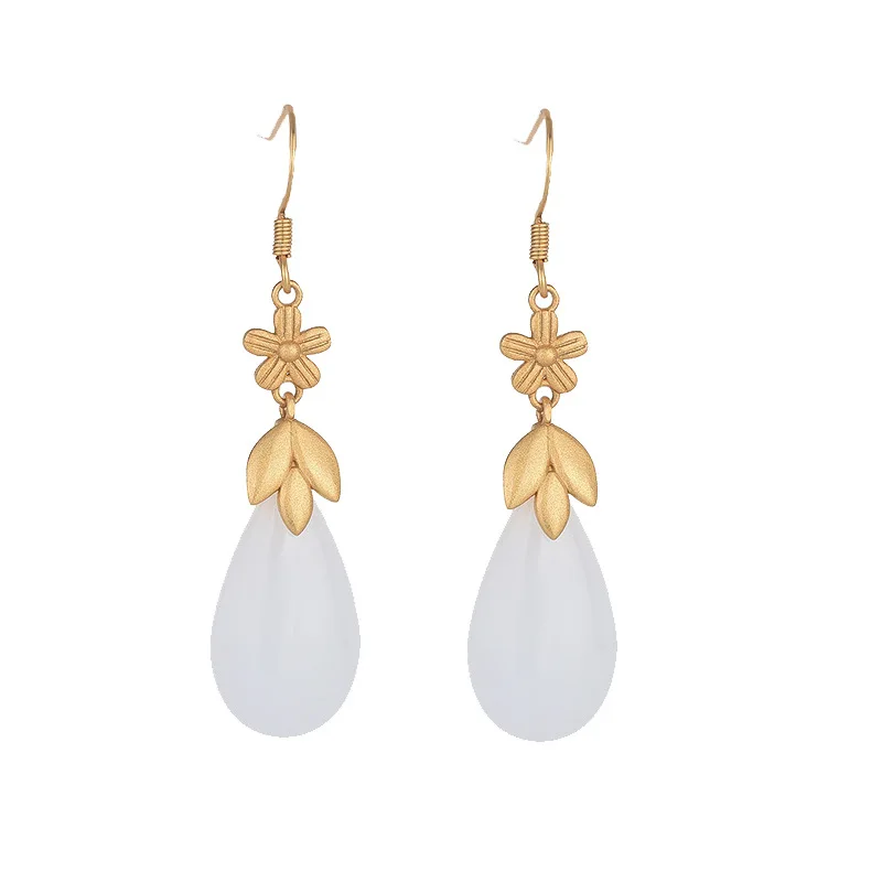 Trendy Luxury Golden Flower Stud Earrings For Women Fashion Fall Winter Jewelry Accessories Traditional Imitation Jade Earrings