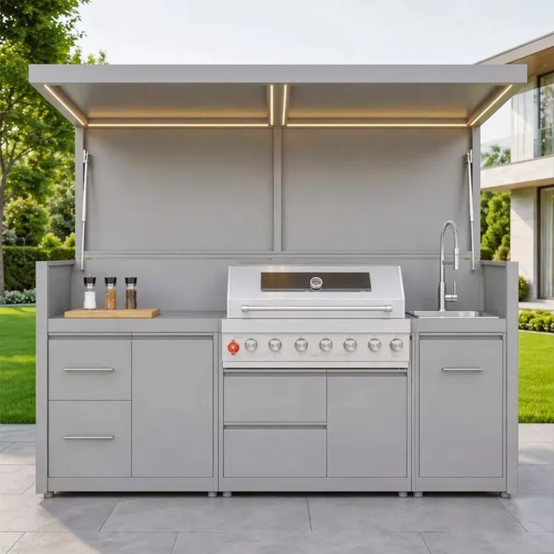 Rain Resistant Foldable Outdoor Kitchen Cabin, 304 Stainless Steel BBQ Unit With Grill Suitable For Backyard Parties