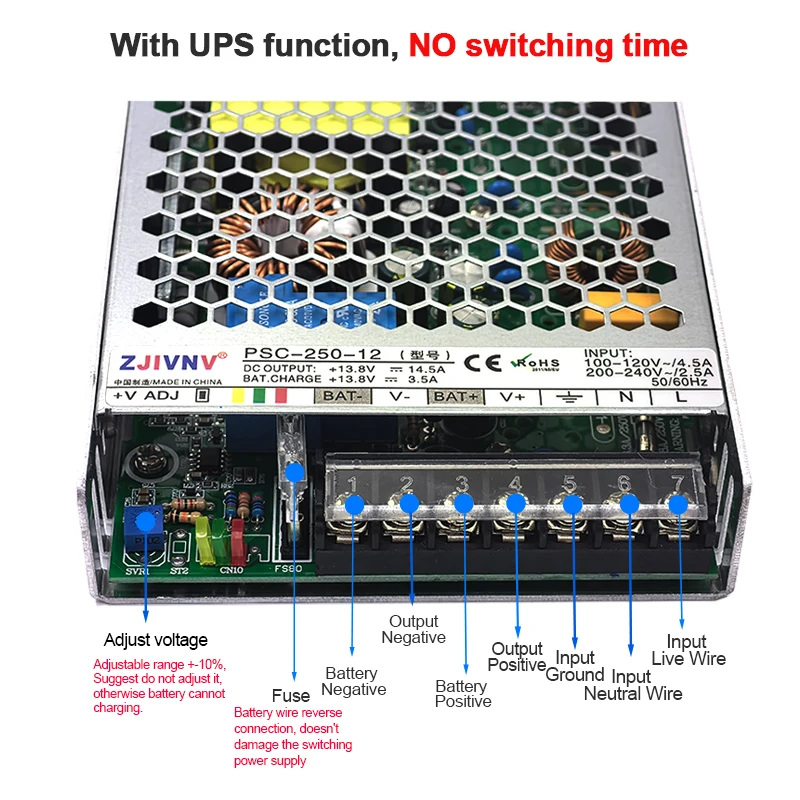 250W UPS Charge Function Switching Power Supply DC 12V 24V For Security Monitoring Camera Single Output Switch SMPS PSC-250