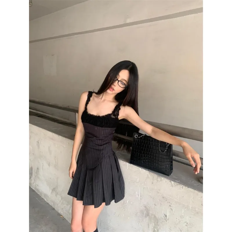 

Black street striped lace spliced spaghetti strap dress for women summer slash neck lazily sleeveless basics bodycon mini dress