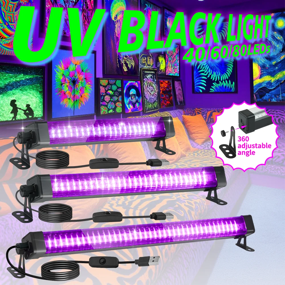 40/60/80 LED Black Light Tube - with switch, 360 degree rotation, UV lamp for glow party, body art, Halloween, Christmas holiday
