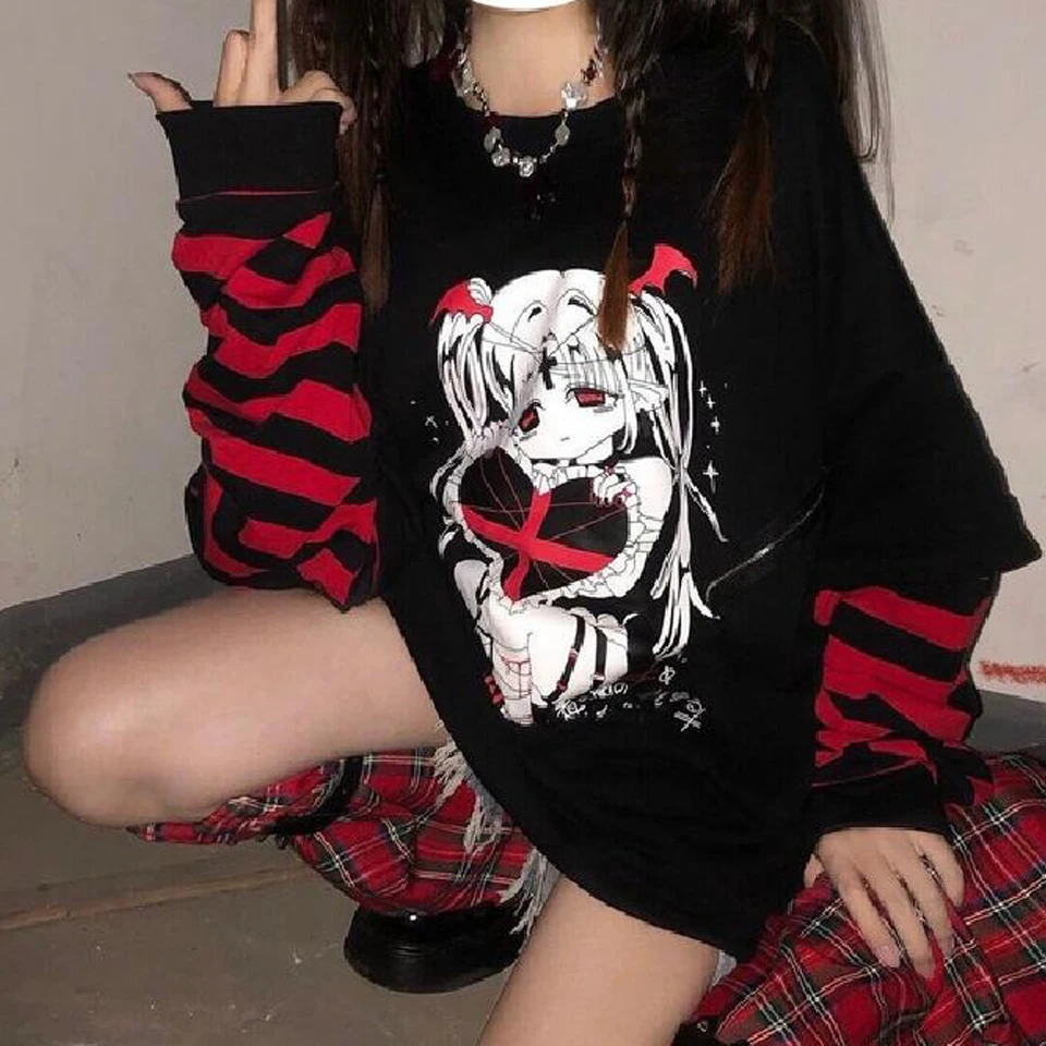 Emo Style Women Streetwear Gothic Anime Sweatshirts Punk Long Sleeve 2000s Graphic Tees Y2k Fairy Grunge Goth Egirl Alt Clothes