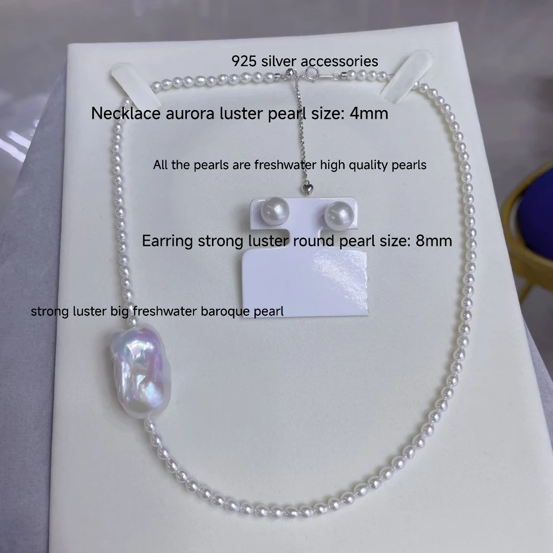 

Certificated Freshwater Aurora Pearl Silver Jewelry Set 4mm Rice Pearl Choker With Big Baoque Charm 8mm Round White Stud Earring