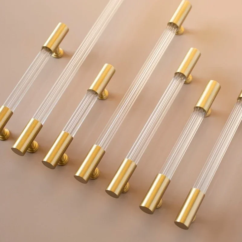 Transparent Acrylic Cupboard Handles and Knobs Simple Dresser Drawer Pull T Bar Handle Bathroom Cabinet Handle with Brass Bases