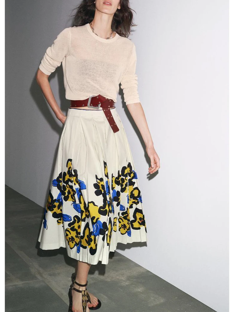 

European style new women's fashion versatile temperament simple high waist wide pleated printed A-line skirt