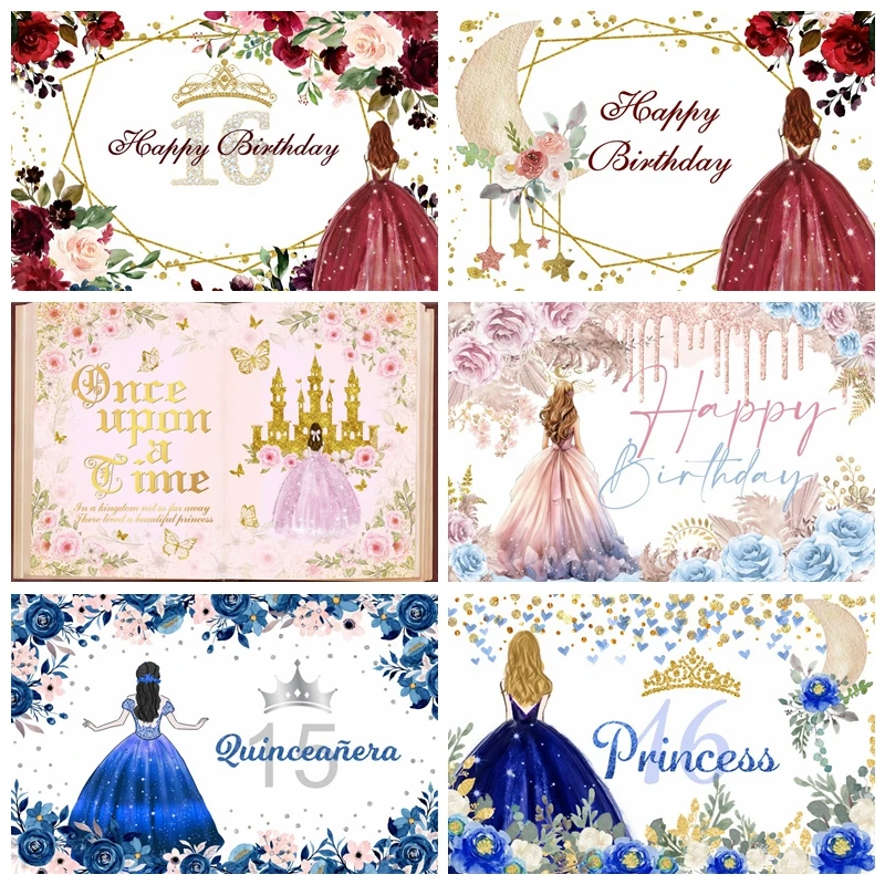 Quinceanera Sweet 15 16th Princess Birthday Party Photographic Backdrops Girl Dress Glitter Crown Floral Decor Photo Background
