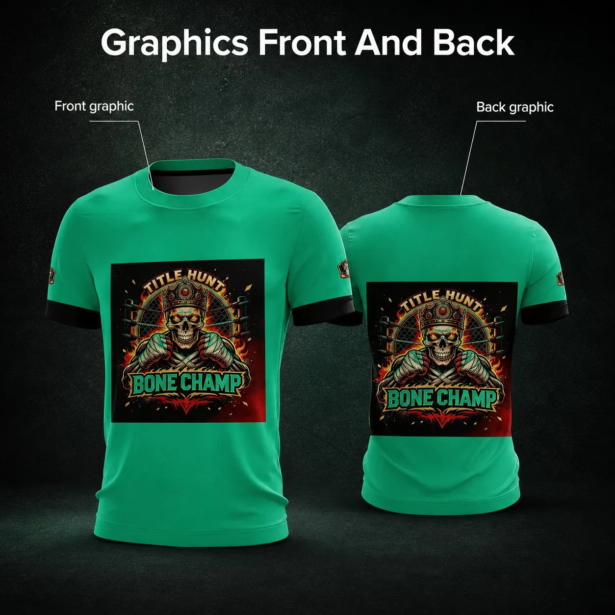 Green Black Ringer Mens Wrestling Skull Bone Champ Graphic Dual-Sided Print Hardcore Streetwear Casual T-Shirt