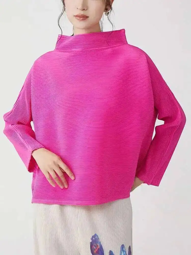 Long High Quality Sleeved Top For Women Loose Casual Stand Collar Pleated T-shirts 2025 New Chic Red Short Tee 2TQ2S