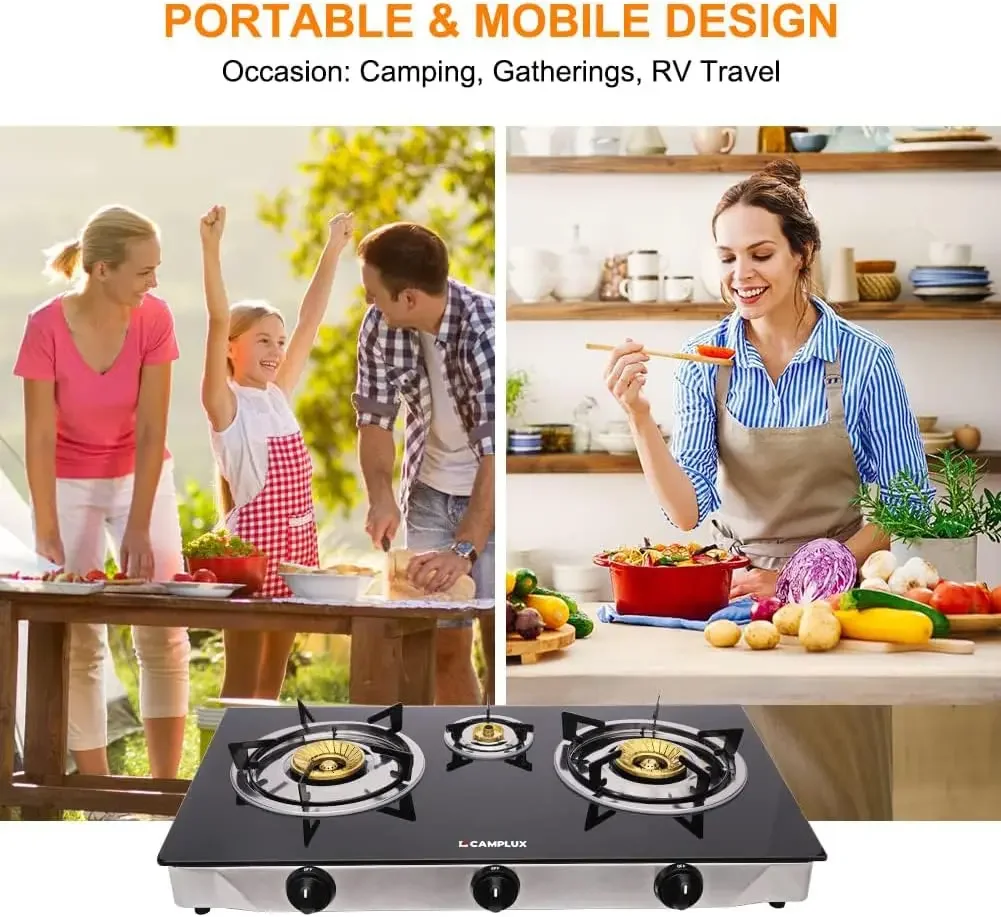 Propane Gas Stove with 21,600BTU, 3 Burners Propane Stove, Tempered Glass Camping Cooking Stove