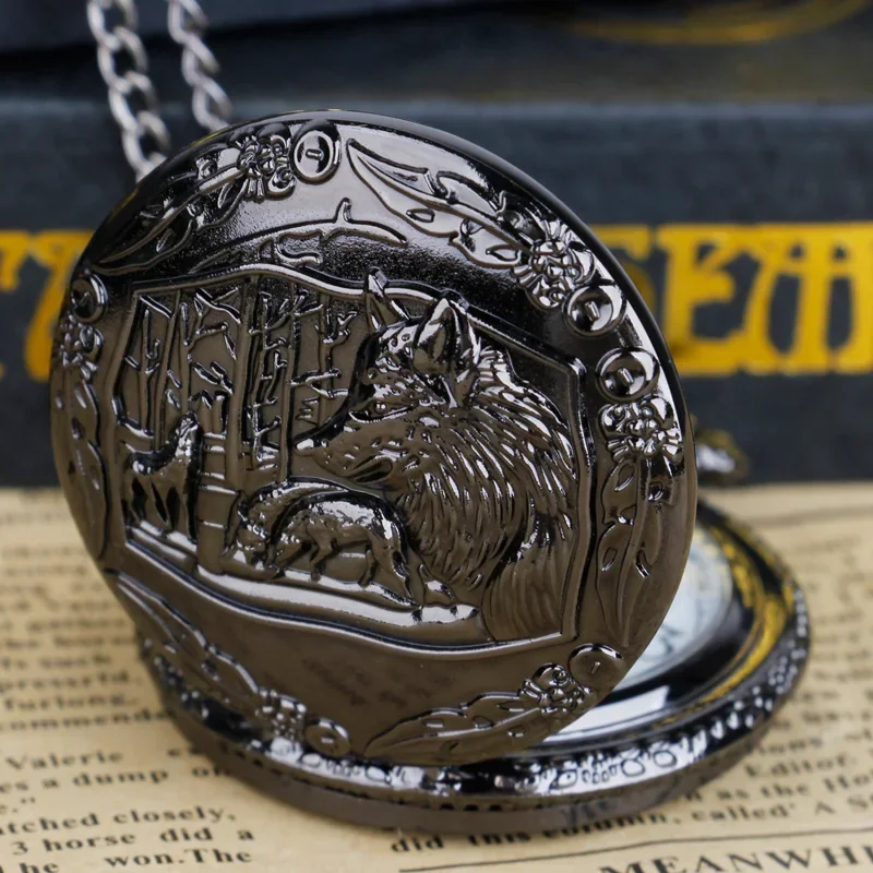 Wolf Carved Black Quartz Pocket Watch Cool Style Punk Steam Men Women Necklace Chain