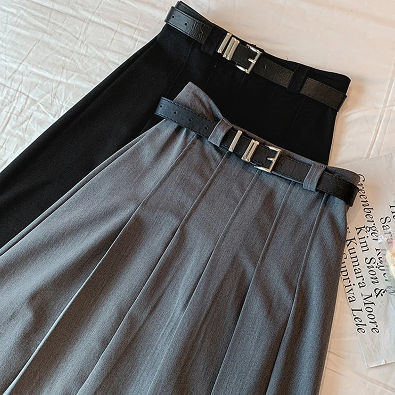 Black Gray High Waist Jk Long Skirts Women Preppy Style with Belt Suit Pleated Skirt Woman Korean Fashion A Line Midi Skirt 2026