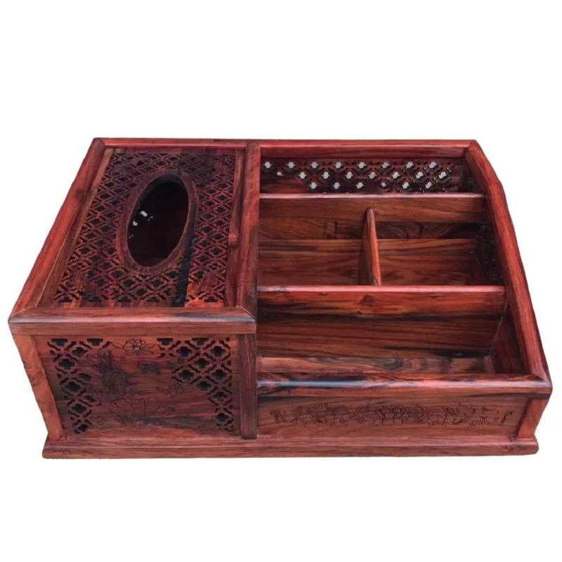 

Big red rosewood carved hollow tissue box, mahogany retro desktop storage box