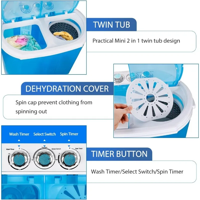 Zenstyle Draagbare Wasmachine Compact Twin Tub 9.9 Lb Mini Top Load Wasmachine/Spinner W/6.57 Ft Inlaat Slang