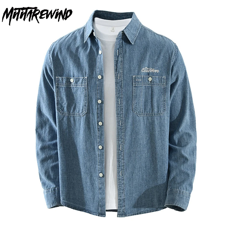 

Korean Style Long Sleeve Denim Shirt Men Spring New Jean Shirts Male Double Pockets Pure Cotton Cowboy Top Youth Casual Shirts