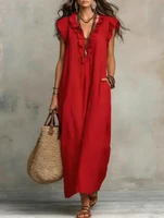 Women's Retro Bohemian Ruffle Linen Maxi Dress, Ruffle V-Neck Sleeveless Loose Summer Dress with Pockets, Summer Casual High-Waist Loose Beach Maxi Dress, Sunny Dress with Flutter Sleeves and Floor-Length Skirt - Image 5