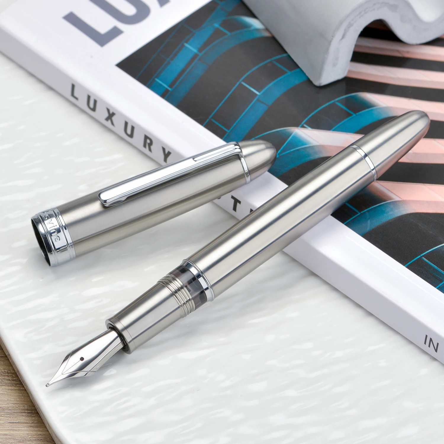 Asvine J16 Piston Fountain Pen Germany Jowo EF/F/M/B Nib, Solid Titanium Smooth Writing Office Gift Pen School Supplies