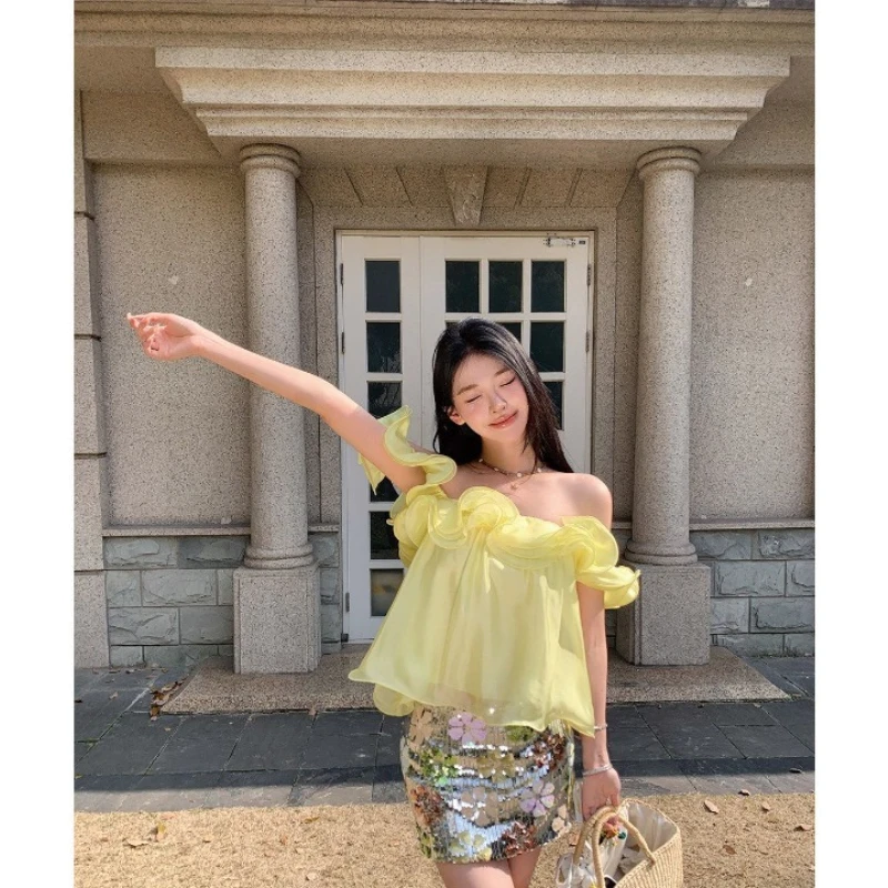 Summer French Off Shoulder Ruffles A Line Lotus Leaf Top Wave Cut Sexy Spicy Sweet Sleeveless Slash Off Shoulder Tops Woman