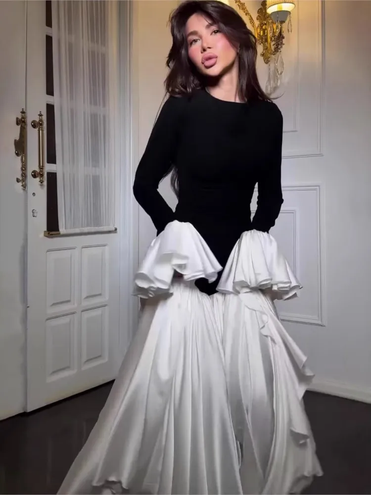 

Contrast Dress Slim Evening Dresses Temperament Vestido Vestidos Largos Pleated Lotus Leaf Sleeves Patchwork All-match Elegant