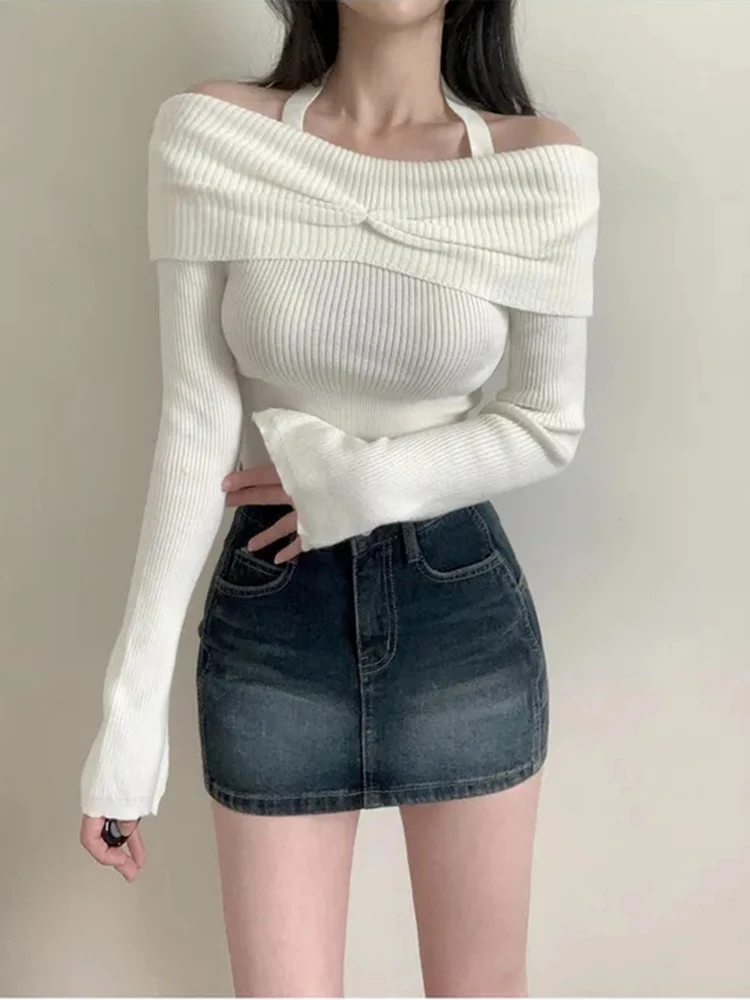 

Korean Autumn Hanging Neck One Neck Off Shoulder Long Sleeved Sweater Women's Simple Versatile Base Short Knit Sweater Top S100