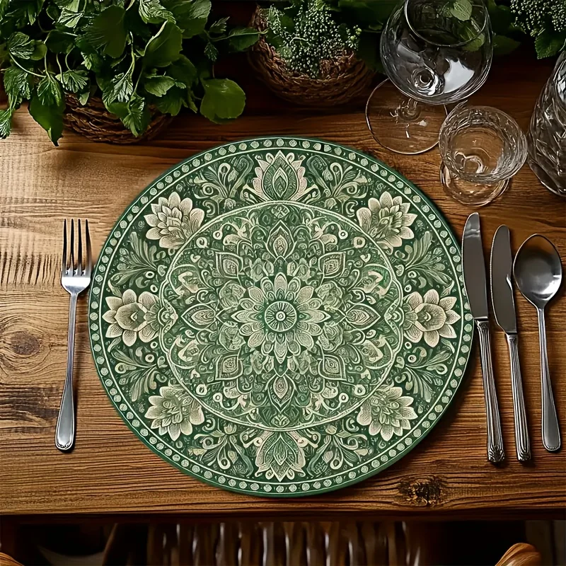 VIKAMA 4PCS Green Floral Mandala Placemats Durable Kitchen Dining Table Decorative Placemats Bohemian Style Home Decoration